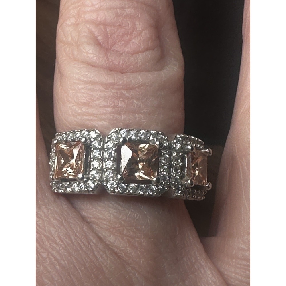 Three-Stone Champagne Cubic Zirconia Halo Ring - Women